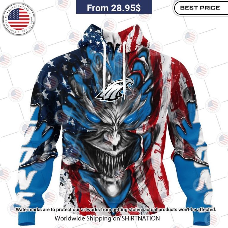 HOT Philadelphia Eagles Demon Face US Flag Shirt. Good look mam