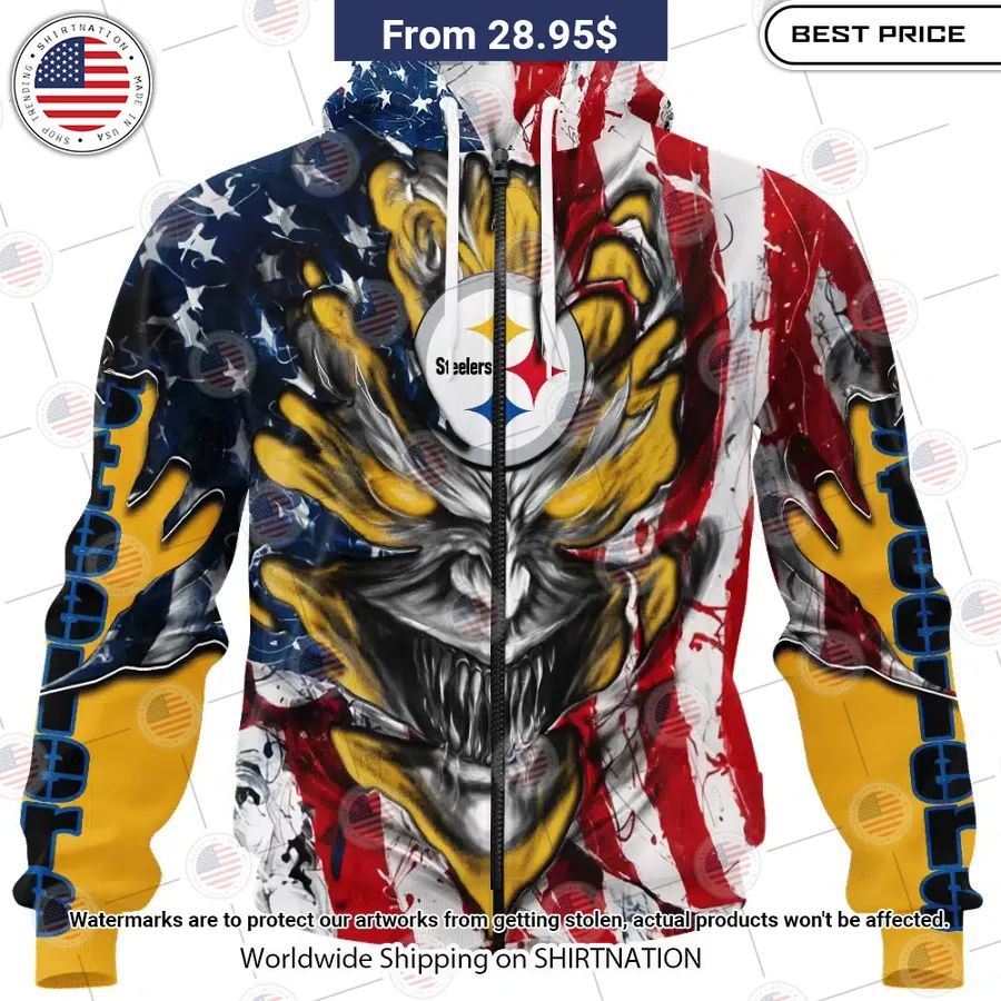HOT Pittsburgh Steelers Demon Face US Flag Shirt Speechless