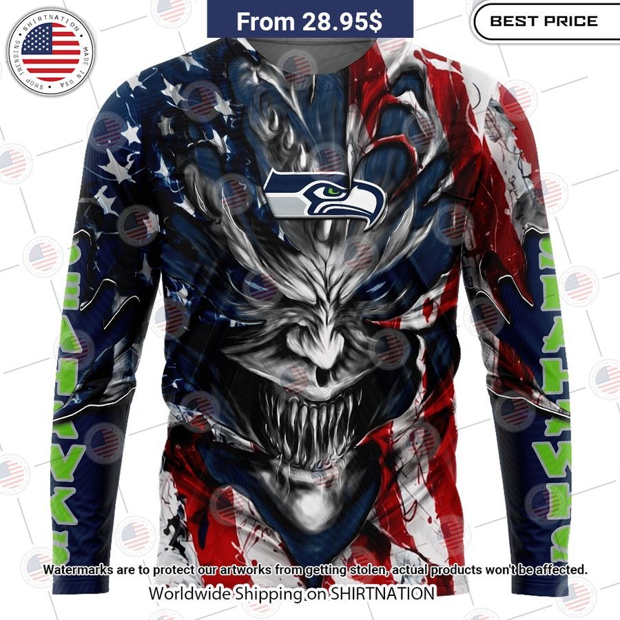 HOT Seattle Seahawks Demon Face US Flag Shirt Rocking picture