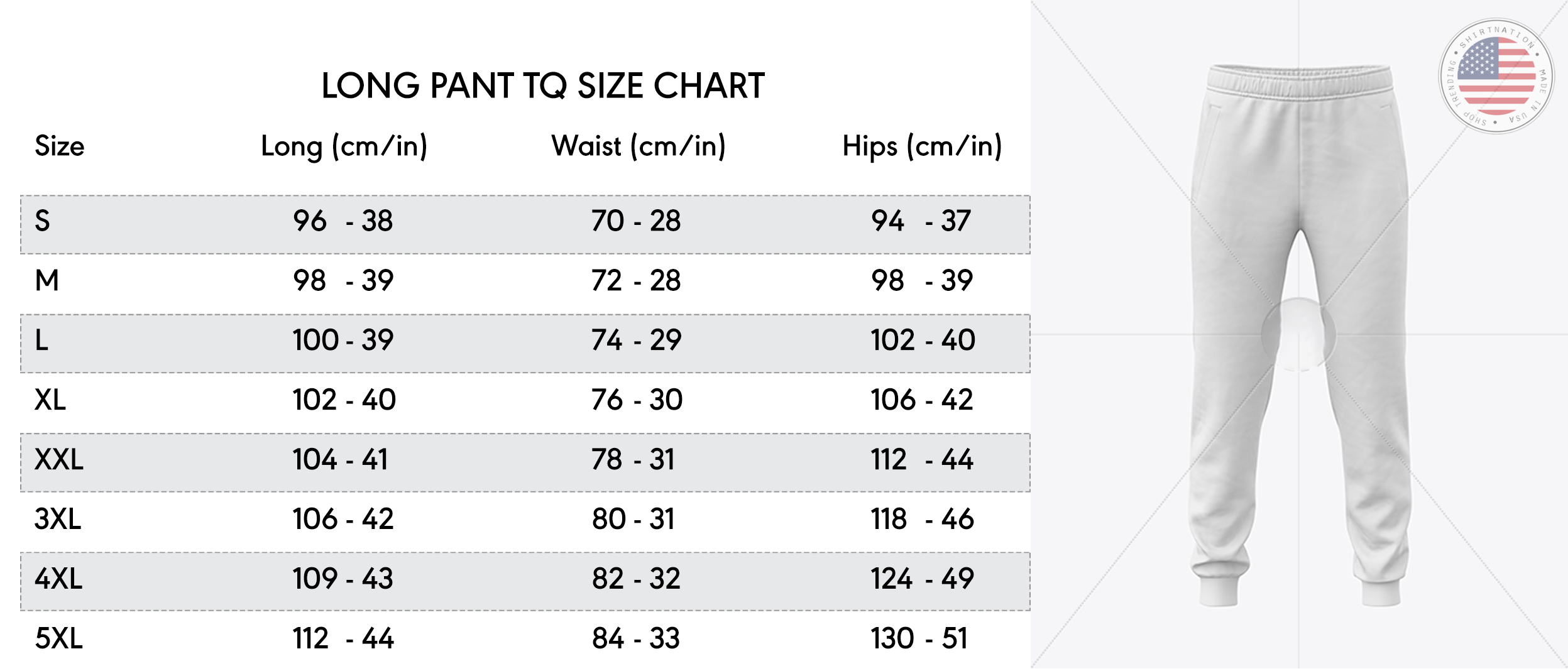 long pants size chart Shirtnation