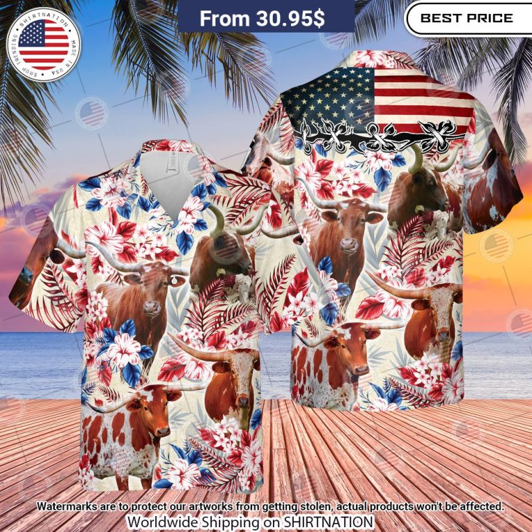 Longhorn Cattle American Flag Flowers Hawaiian Shirt Trending picture dear