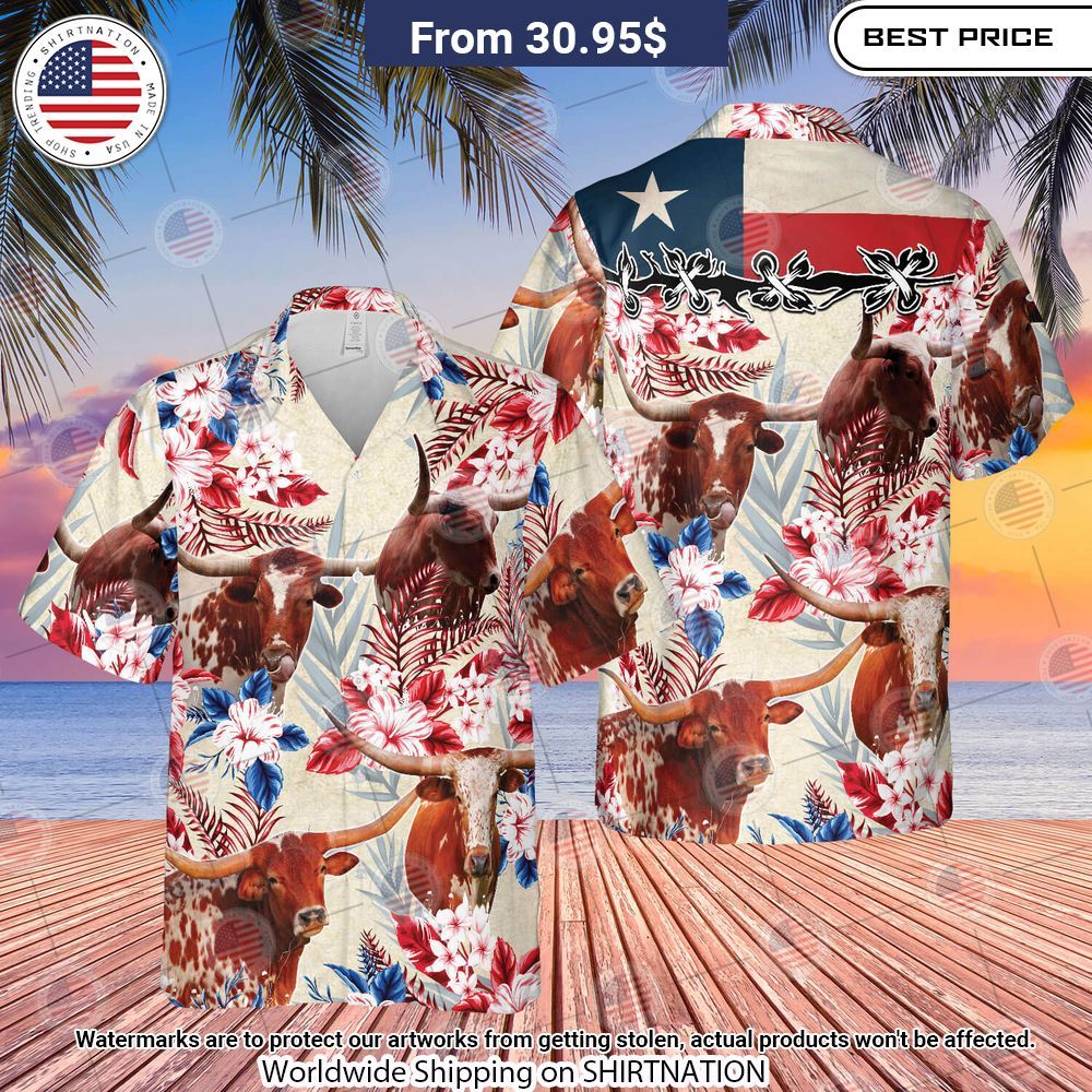 Longhorn Cattle Texas Flag Flowers Hawaiian Shirt Out of the world