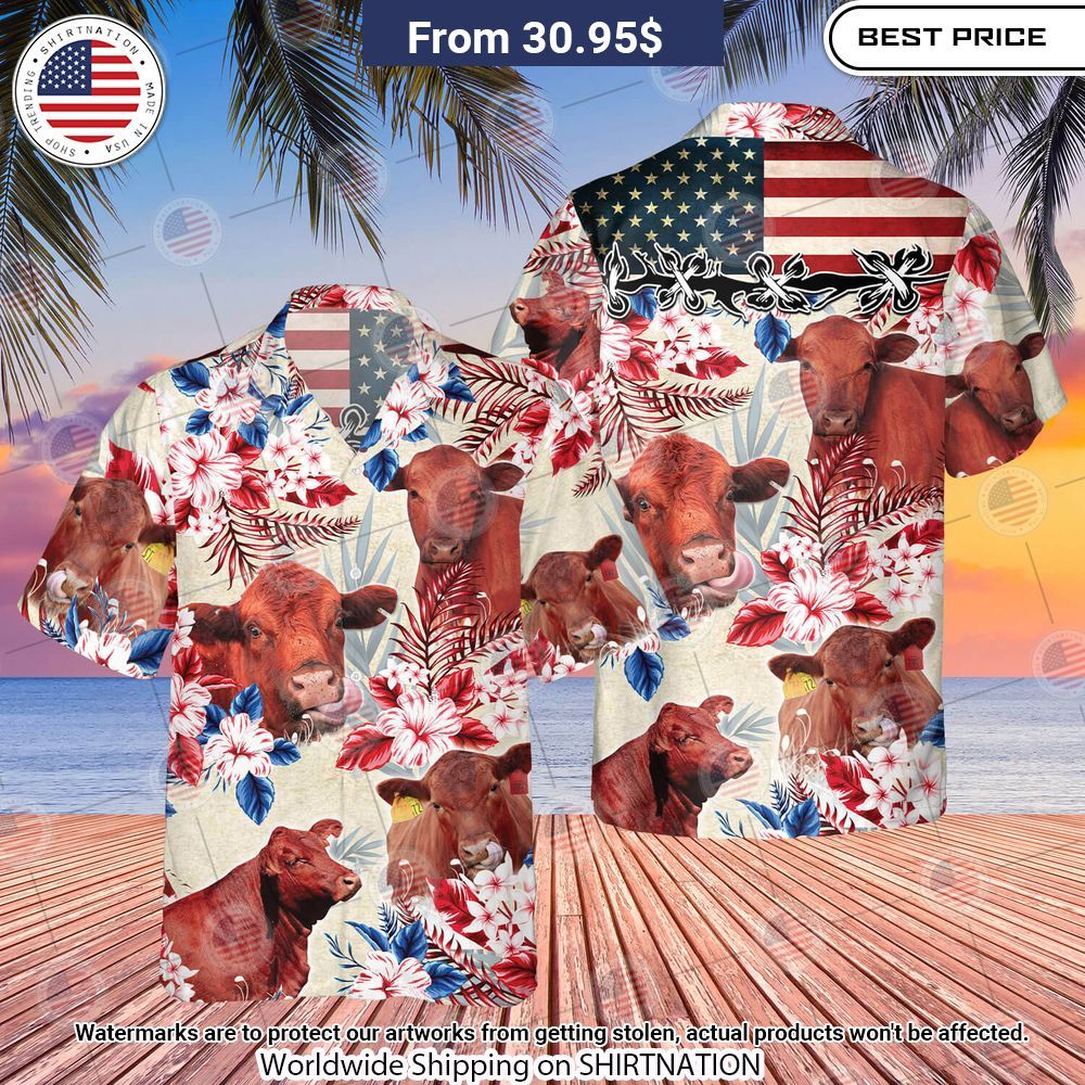 Red Angus Cattle American Flag Flowers Hawaiian Shirt I like your hairstyle