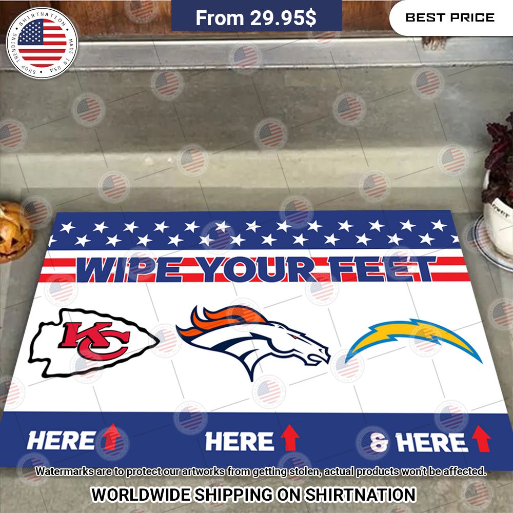 Wipe Your Feet Here Kansas City Chiefs, Denver Broncos, Los Angeles Chargers Doormat