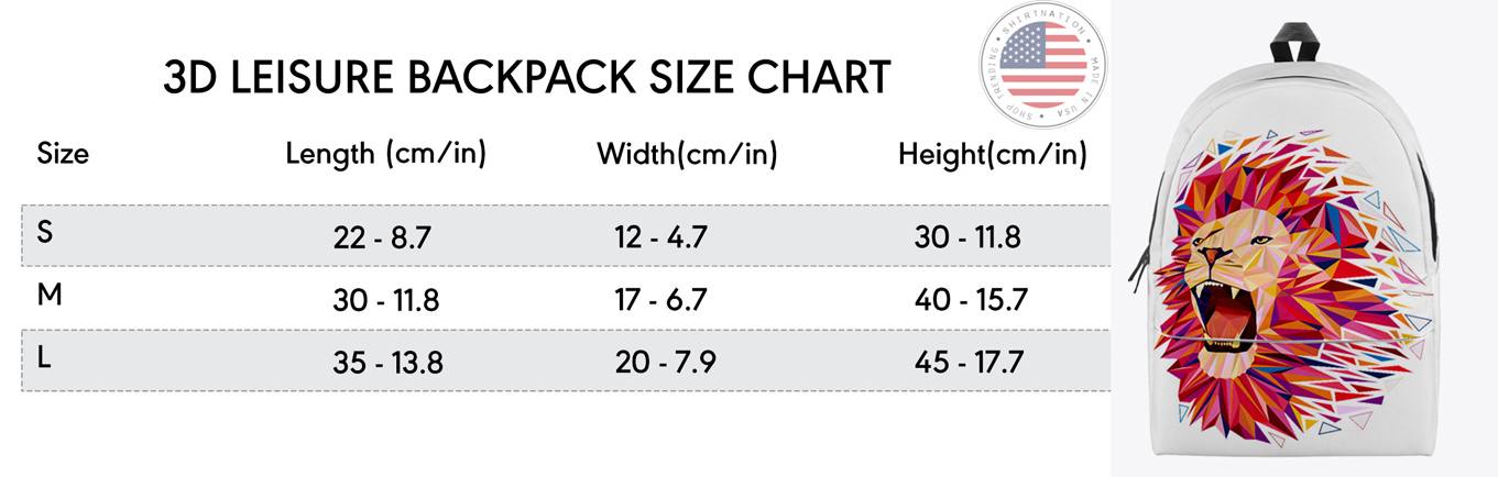 Backpack Size Chart Shirtnation