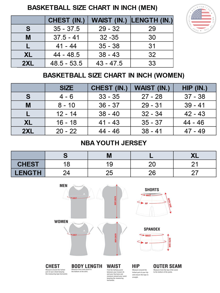 Basketball jersey Size Chart Shirtnation