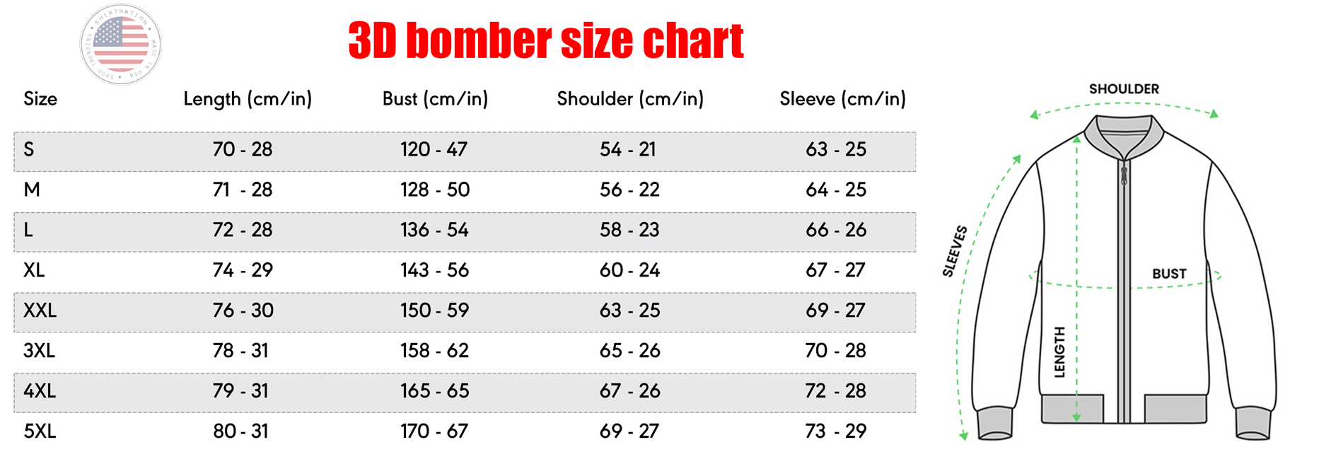 Bomber Jacket Size Chart Shirtnation
