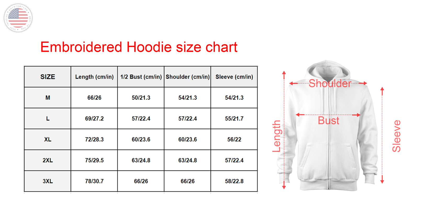 Embroidered hoodiet Size Chart Shirtnation