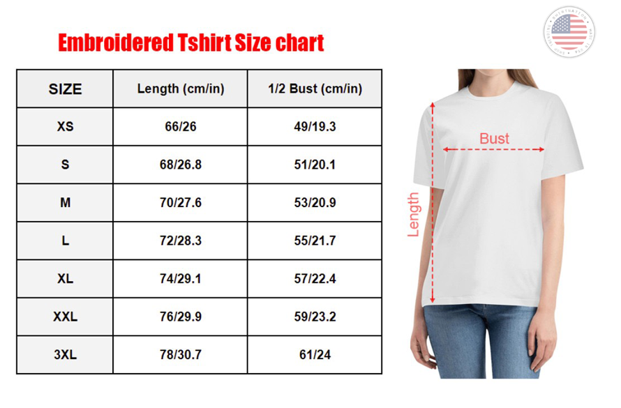 Embroidered t shirt Size Chart Shirtnation
