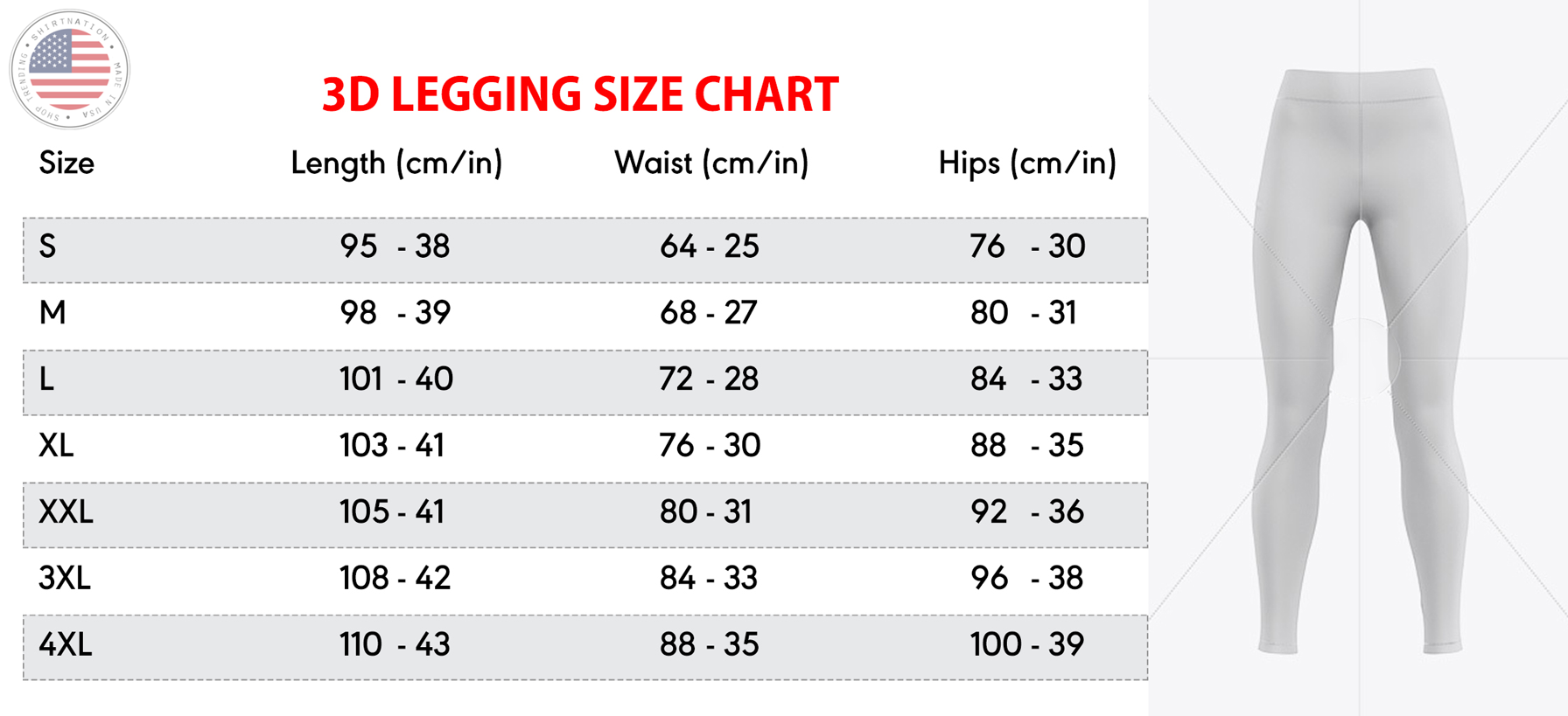 Legging Size Chart Shirtnation