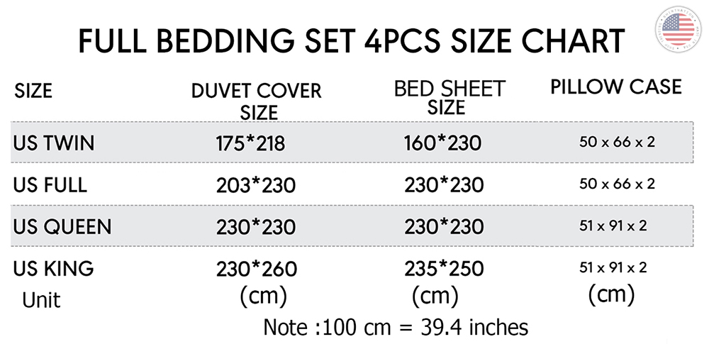 bedding set size chart Shirtnation