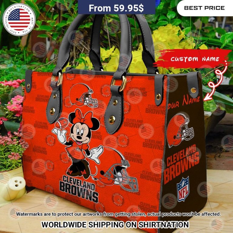 Custom Cleveland Browns Minnie Mouse Leather Handbag Lovely smile