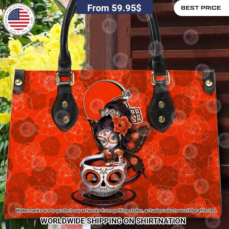 Custom Cleveland Browns Sugar Skull Girl Leather Handbag Handsome as usual