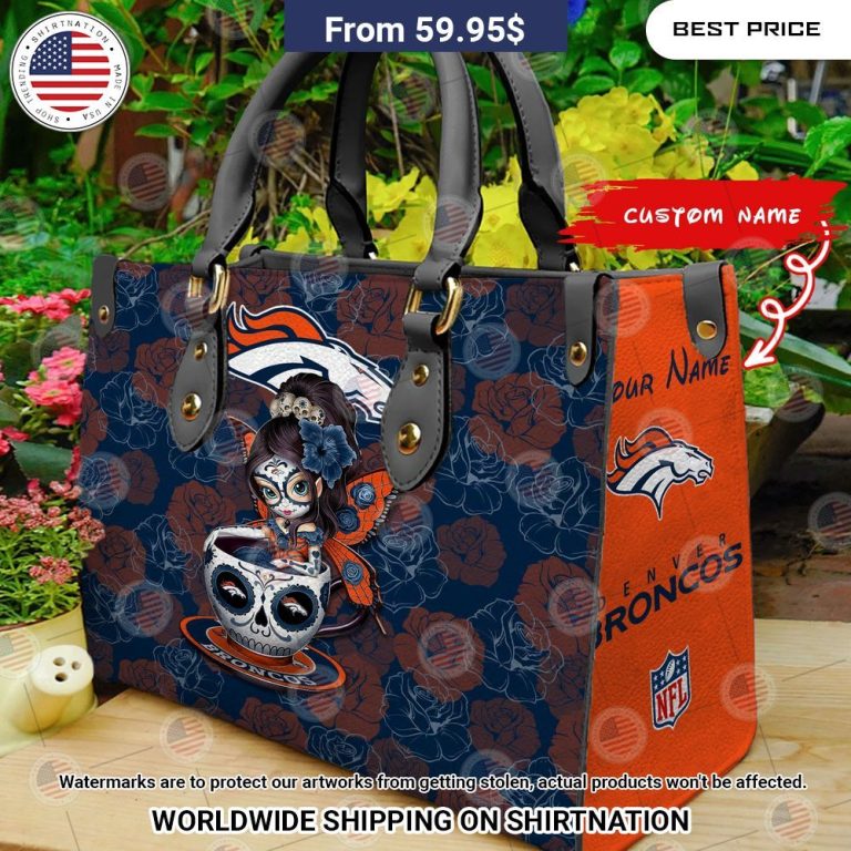 Custom Denver Broncos Sugar Skull Girl Leather Handbag Rejuvenating picture