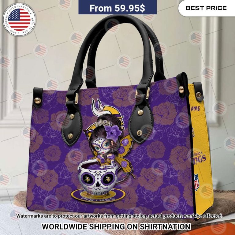 Custom Minnesota Vikings Sugar Skull Girl Leather Handbag Good click