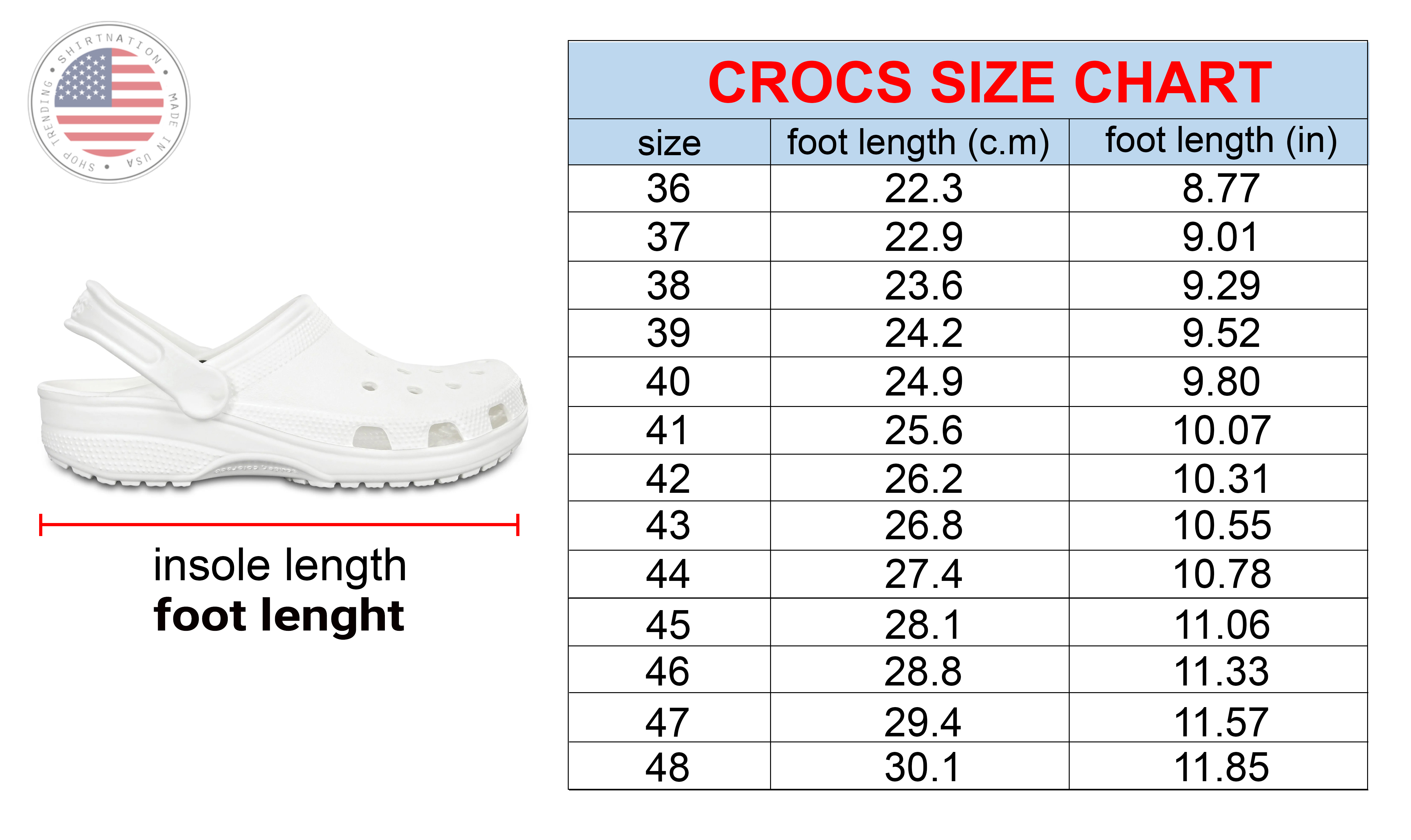 croc size chart Shirtnation