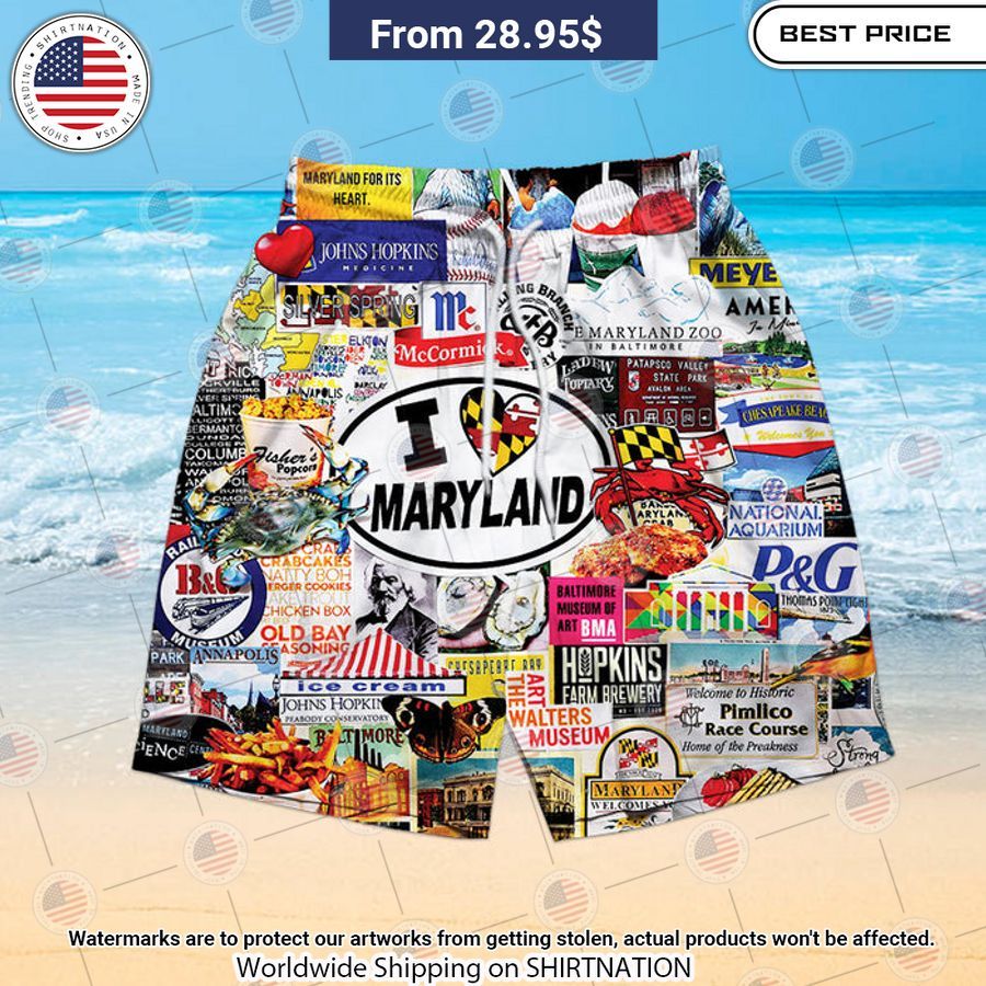 I Love Maryland Beach Shorts Your beauty is irresistible.
