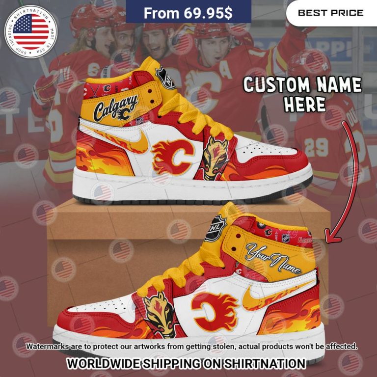 Calgary Flames Custom Nike Air Jordan High Top Shoes Natural and awesome