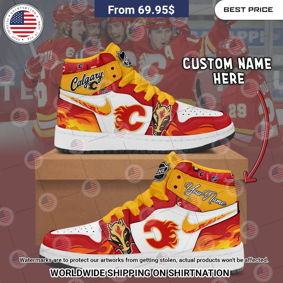Calgary Flames Custom Nike Air Jordan High Top Shoes Natural and awesome