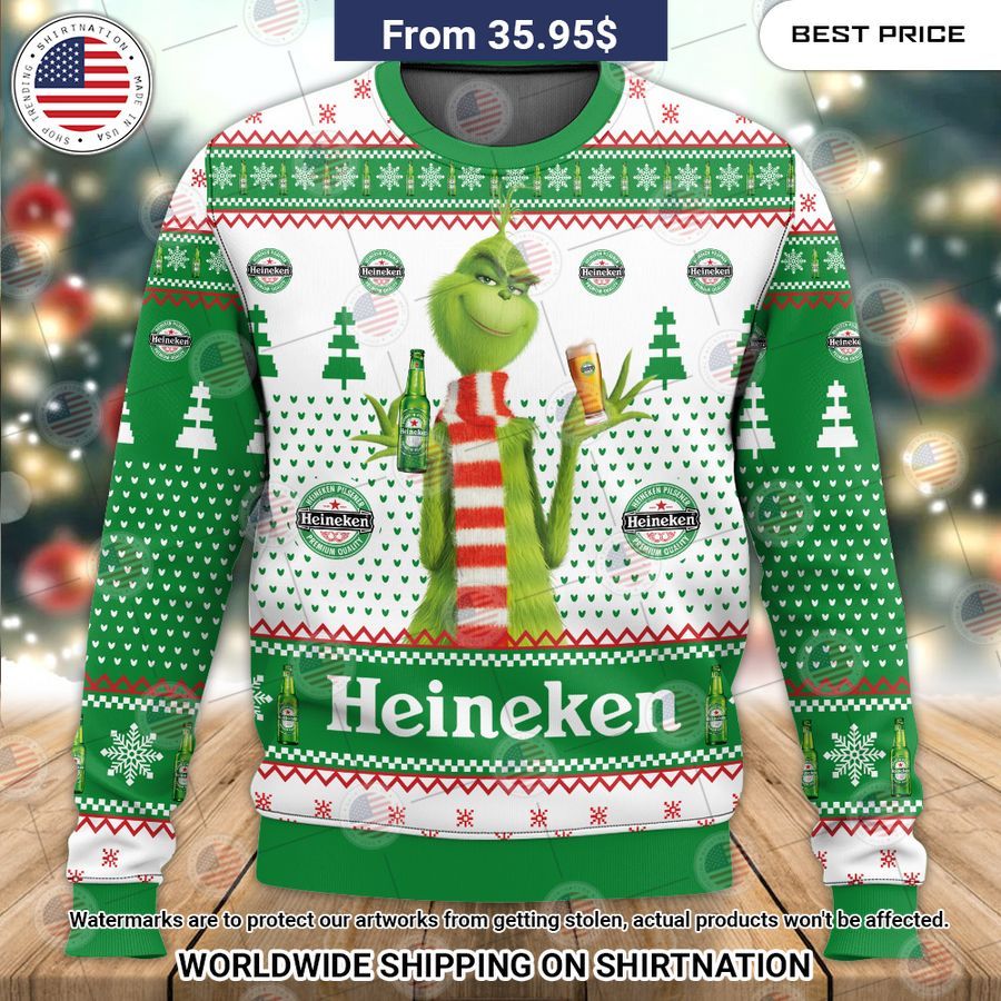 Heineken Grinch Christmas Sweater Radiant and glowing Pic dear
