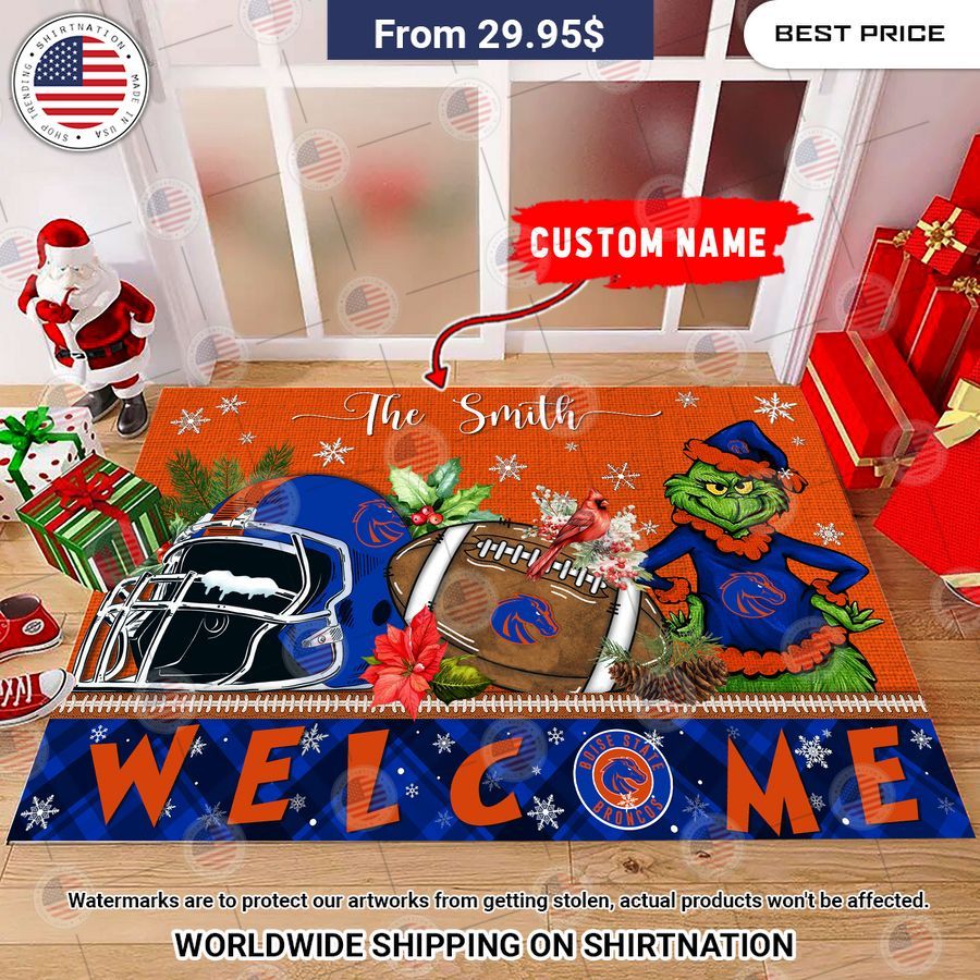 Boise State Broncos Grinch Christmas Welcome Personalized Doormat Good click