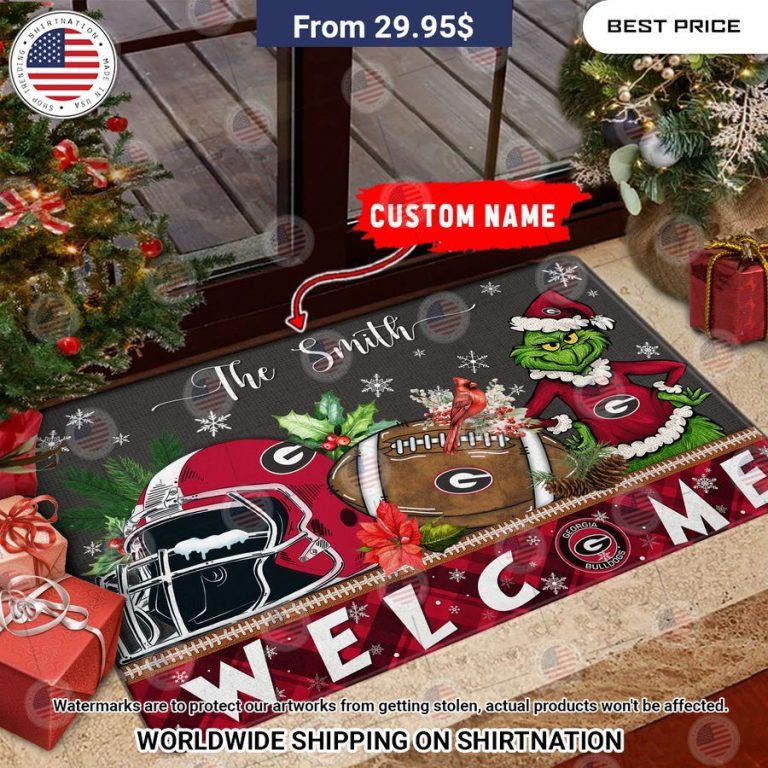 Georgia Bulldogs Grinch Christmas Welcome Personalized Doormat Cutting dash