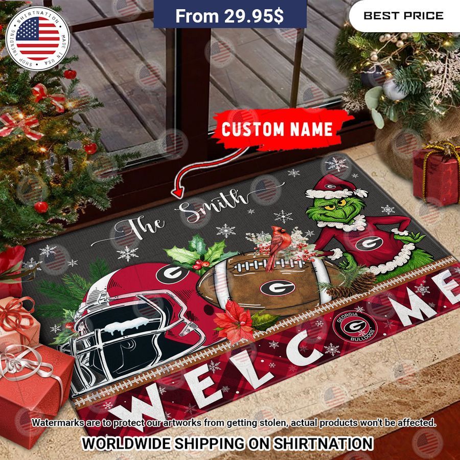 Georgia Bulldogs Grinch Christmas Welcome Personalized Doormat Cutting dash