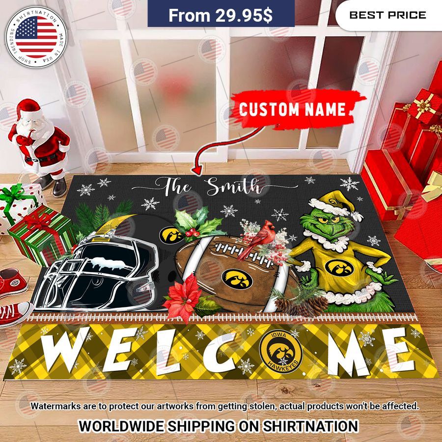 Iowa Hawkeyes Grinch Christmas Welcome Personalized Doormat You look lazy