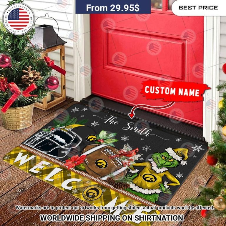 Iowa Hawkeyes Grinch Christmas Welcome Personalized Doormat Unique and sober