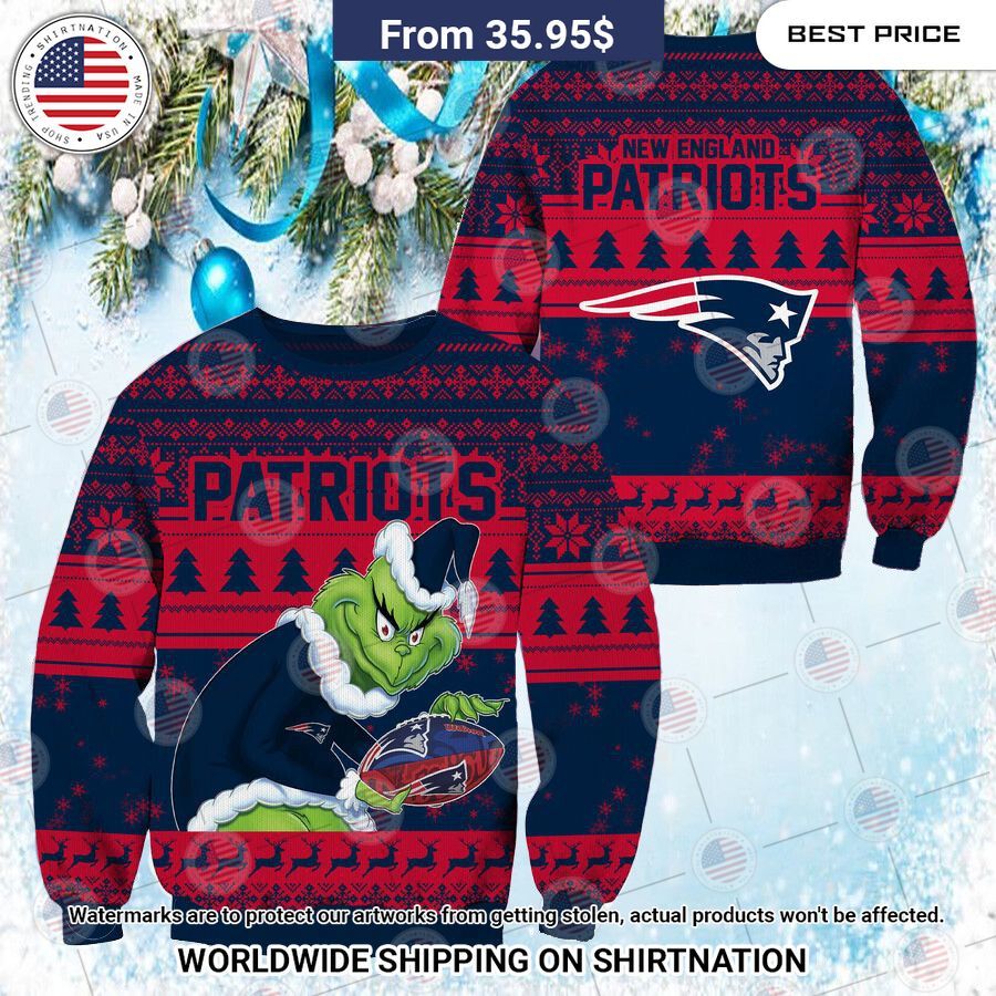 NEW New England Patriots Grinch Christmas Sweater Stand easy bro