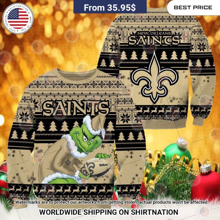 NEW New Orleans Saints Grinch Christmas Sweater Cutting dash