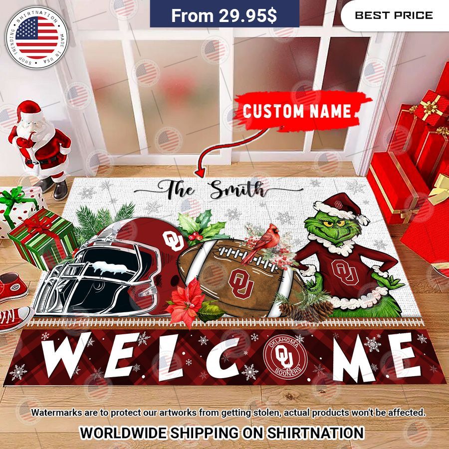Oklahoma Sooners Grinch Christmas Welcome Personalized Doormat Cutting dash