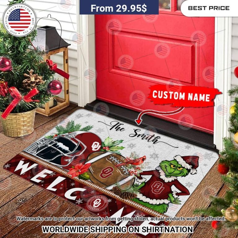 Oklahoma Sooners Grinch Christmas Welcome Personalized Doormat Stand easy bro