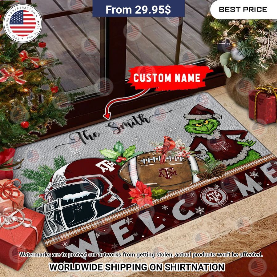 Texas A&M Aggies Grinch Christmas Welcome Personalized Doormat You look lazy