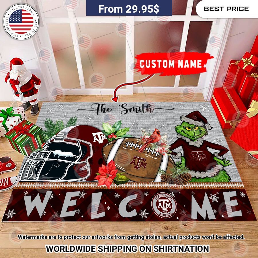 Texas A&M Aggies Grinch Christmas Welcome Personalized Doormat Good one dear