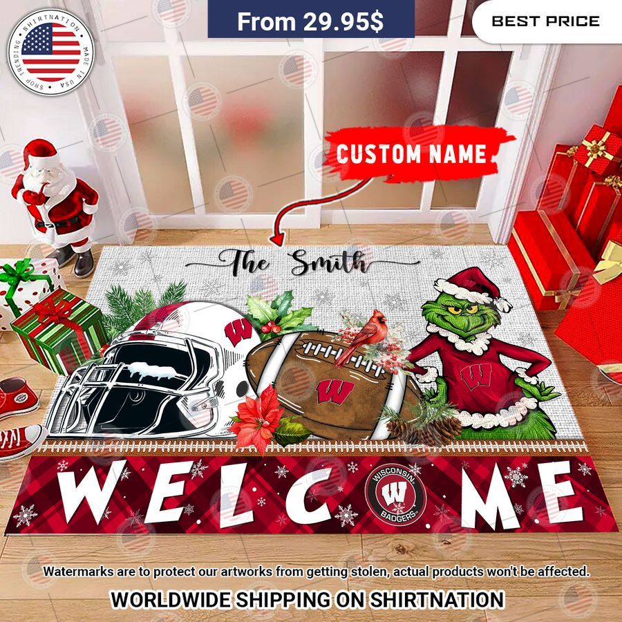 Wisconsin Badgers Grinch Christmas Welcome Personalized Doormat Cutting dash