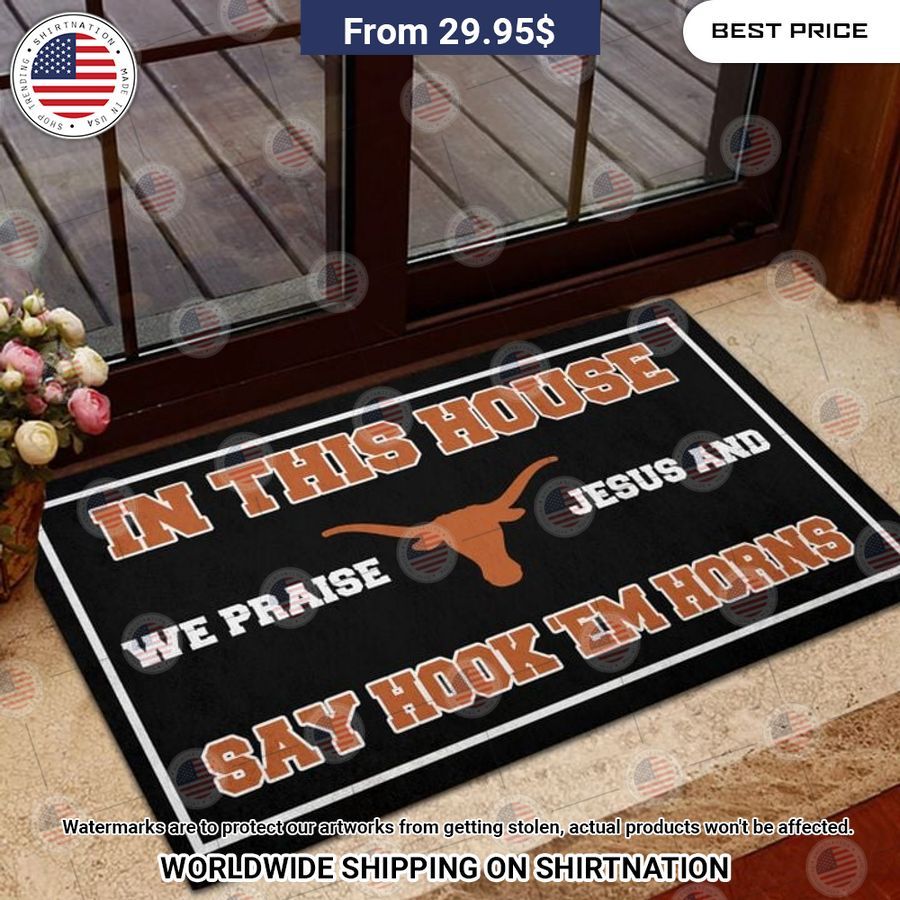 in this house we praise jesus and say go hook em horns texas longhorns doormat 1 13.jpg