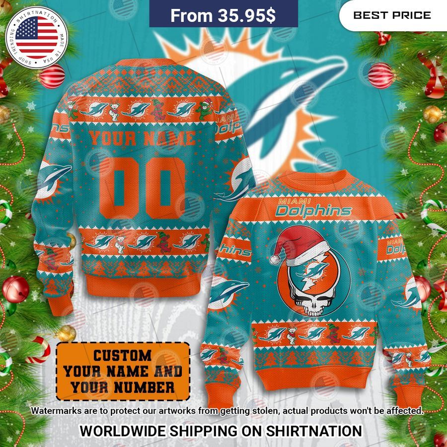 Miami Dolphins Grateful Dead Christmas Hat Sweater Nice Pic