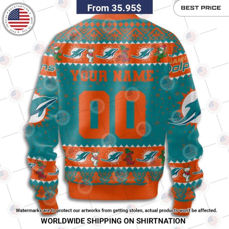 Miami Dolphins Grateful Dead Christmas Hat Sweater Such a charming picture.