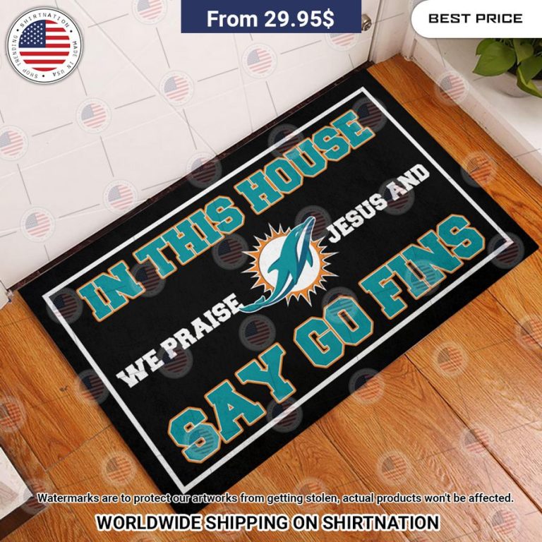 Miami Dolphins In This House We Praise Jesus and Say Go Fins Doormat Coolosm