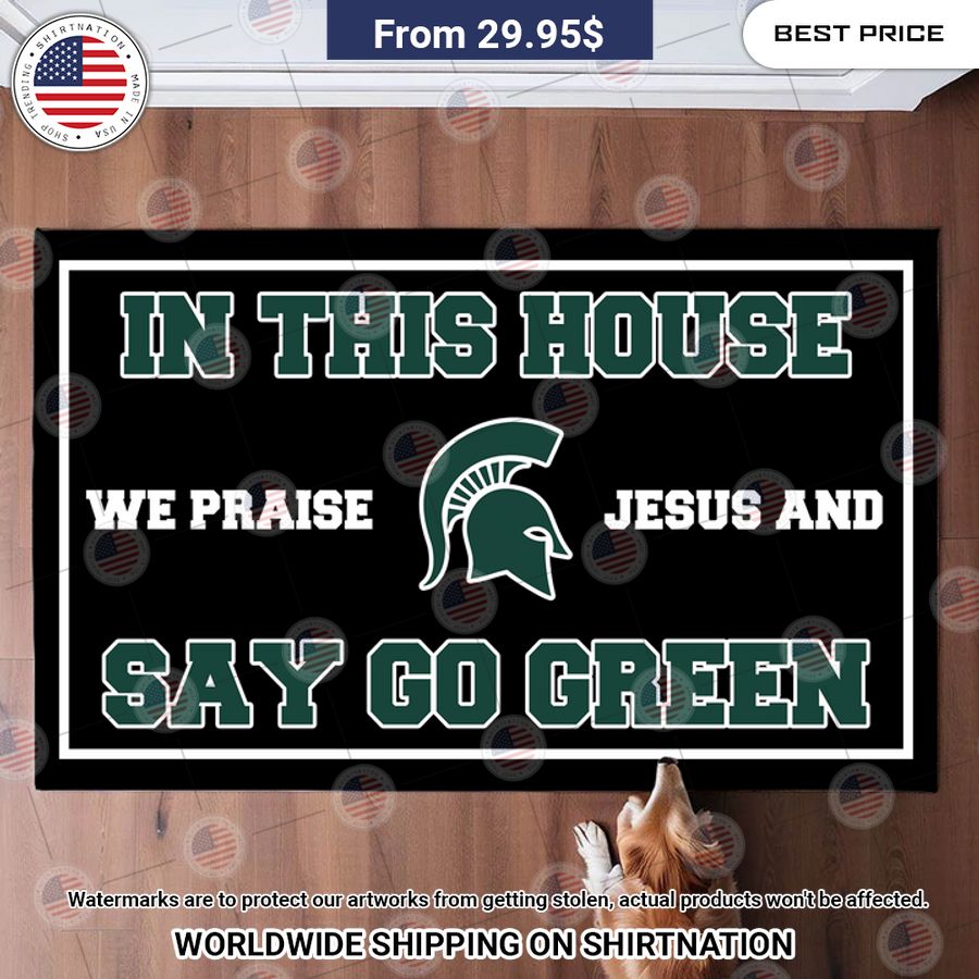 michigan state spartans in this house we praise jesus and say go green doormat 2 874.jpg