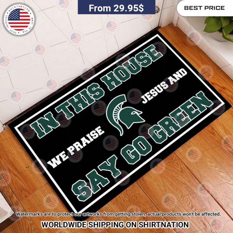 michigan state spartans in this house we praise jesus and say go green doormat 3 944.jpg