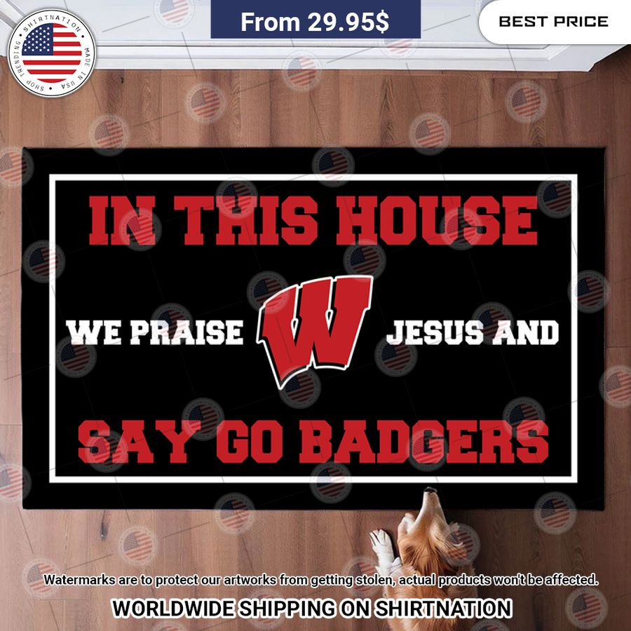wisconsin badgers in this house we praise jesus and say go badgers doormat 1 168.jpg