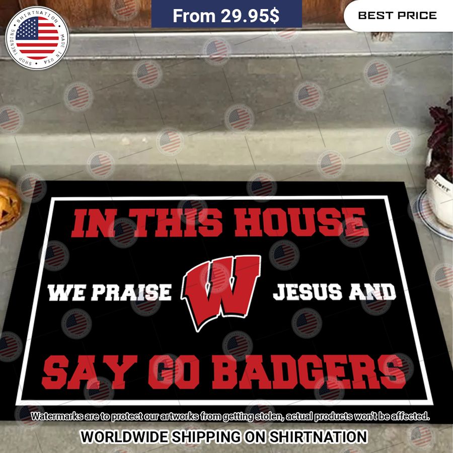 wisconsin badgers in this house we praise jesus and say go badgers doormat 2 137.jpg