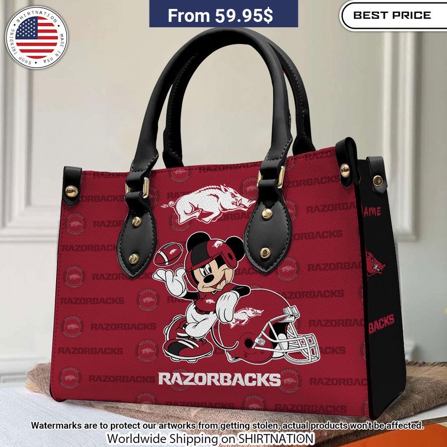 Personalized Arkansas Razorbacks Mickey Leather Hand Bag Natural and awesome