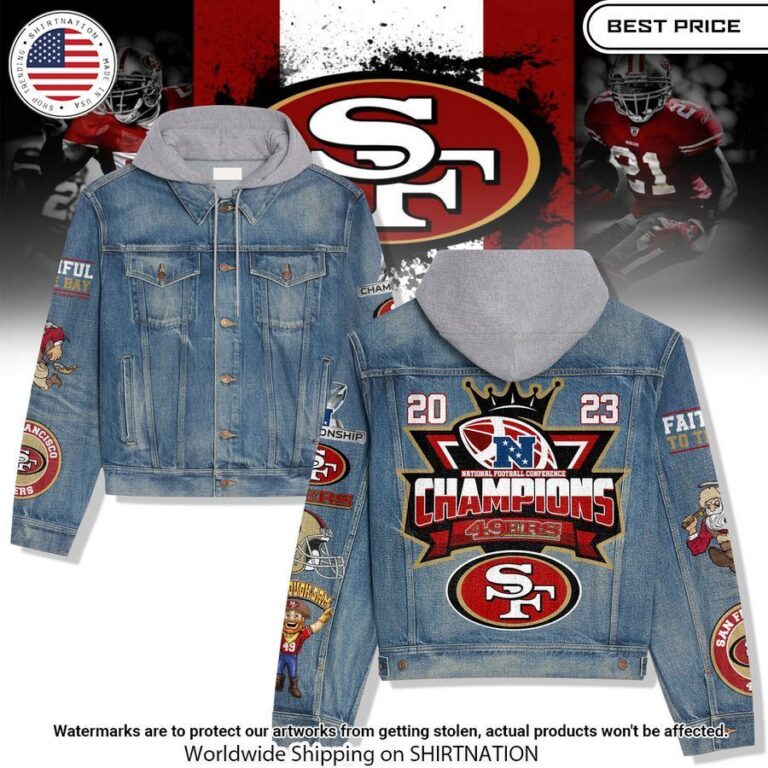 san francisco 49ers 2023 nfc champions hooded denim jacket 1