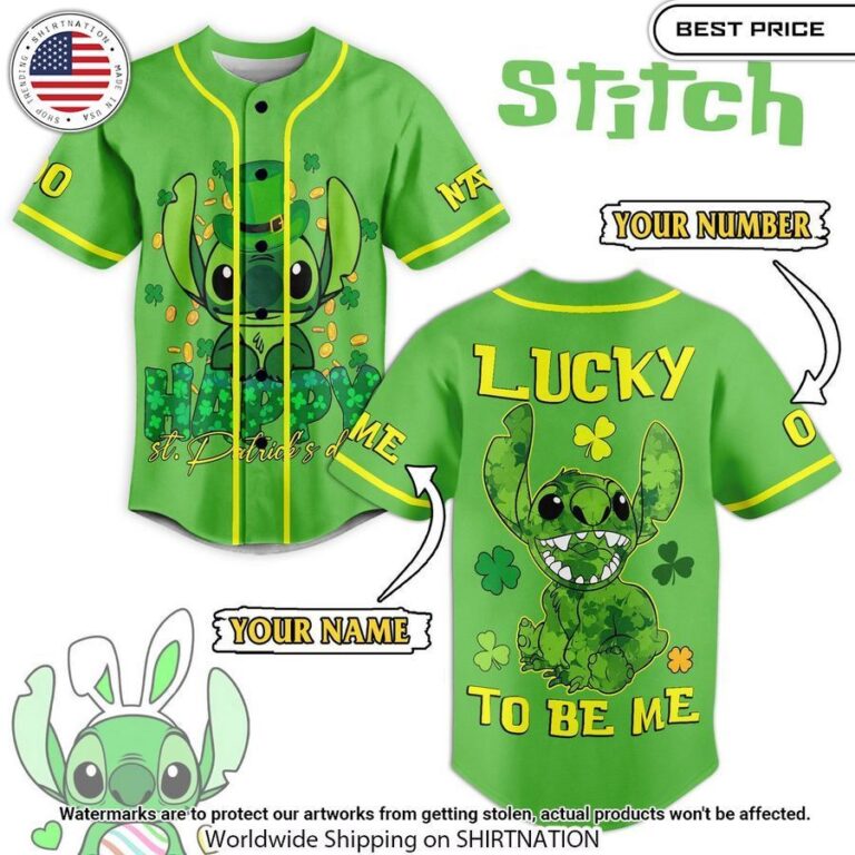 stitch lucky to be me st patricks day custom baseball jersey 1