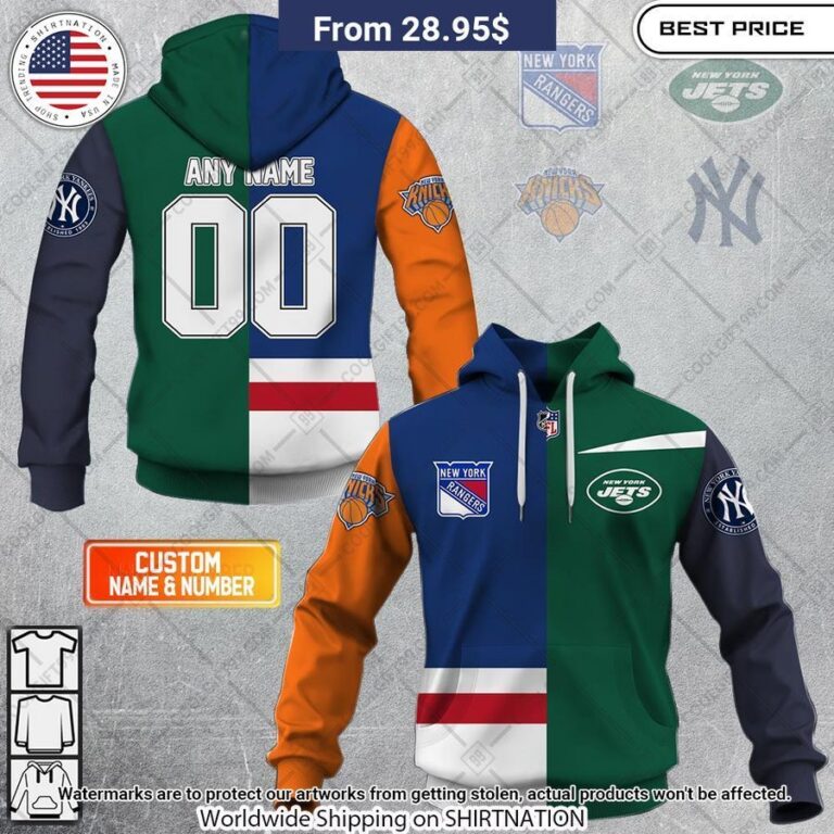 personalized new york rangers x new york jets x new york yankees x new york knicks hoodie 1