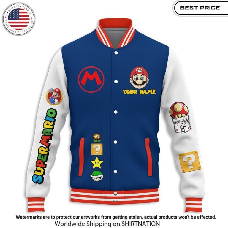 Super Mario Custom Name Baseball jacket Eye soothing picture dear