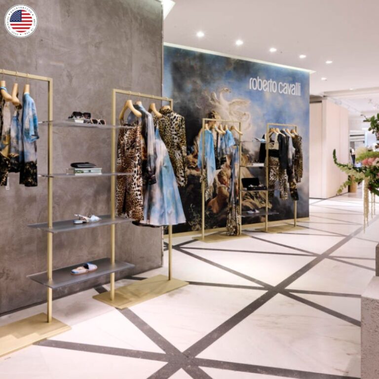 Visitors can explore an array of ready to wear pieces, accessories, and footwear that embody Roberto Cavalli's glamorous aesthetic